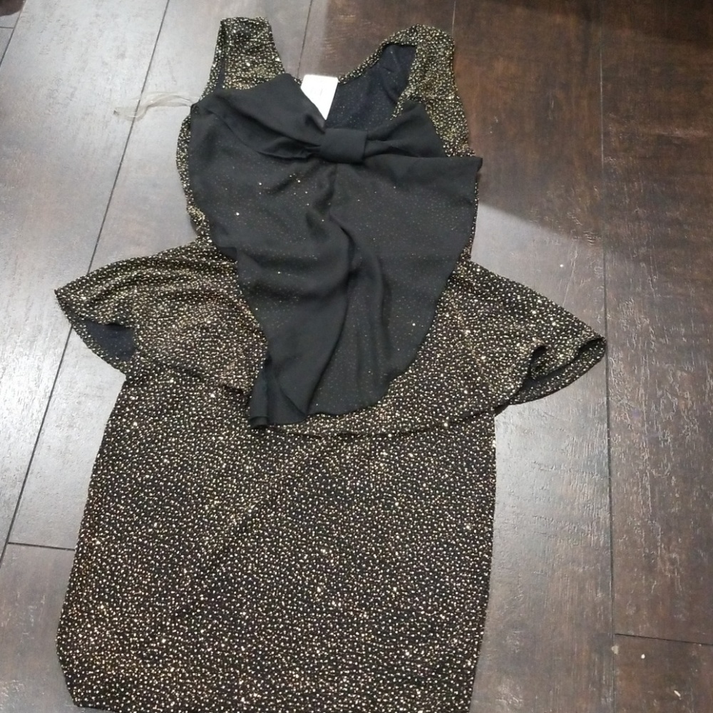 Gold glitter peplum bow back holiday dress small